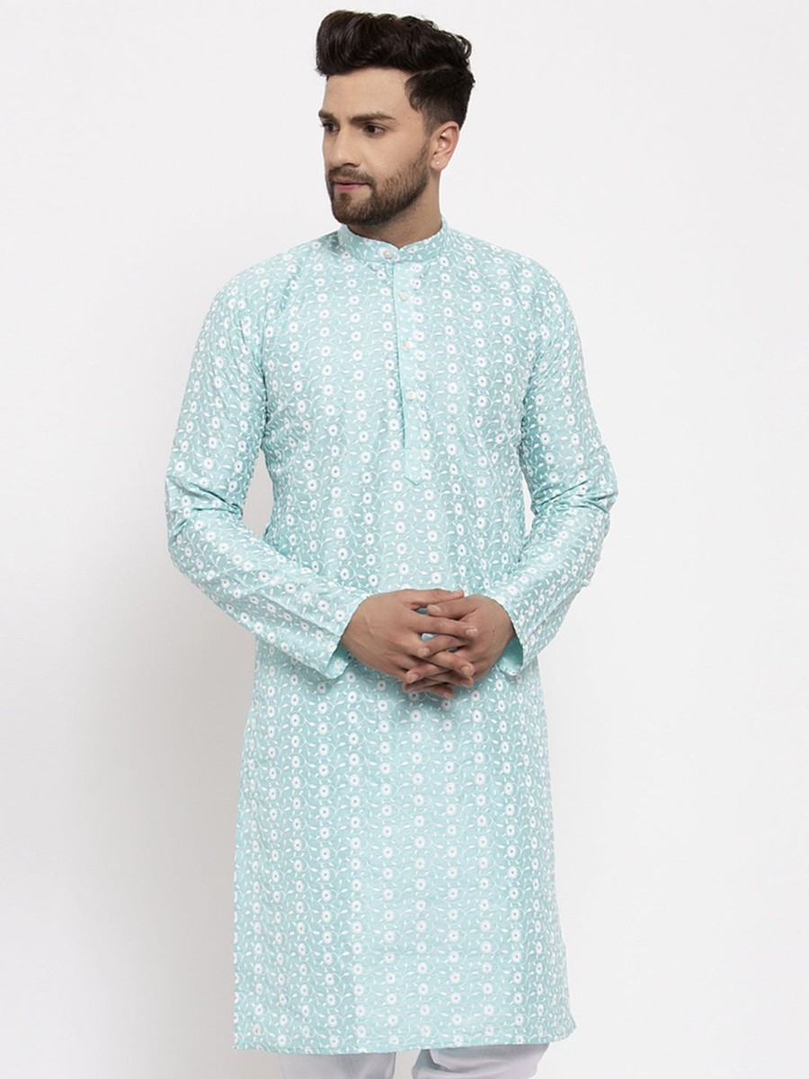 Men Virat Fashions | Men'S Turquoise Blue Embroidered Kurta Only ( Ko 633 Sky ) - Virat Fashions