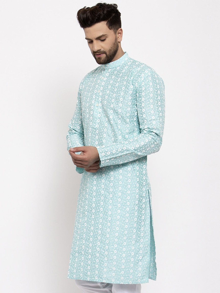 Men Virat Fashions | Men'S Turquoise Blue Embroidered Kurta Only ( Ko 633 Sky ) - Virat Fashions