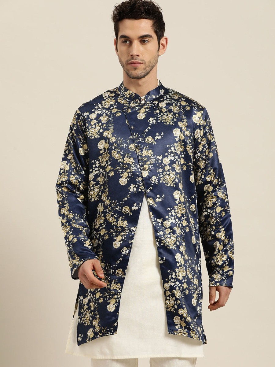 Men Sojanya | Men'S Silk Blend Navy Only Sherwani Jacket - Sojanya Blue