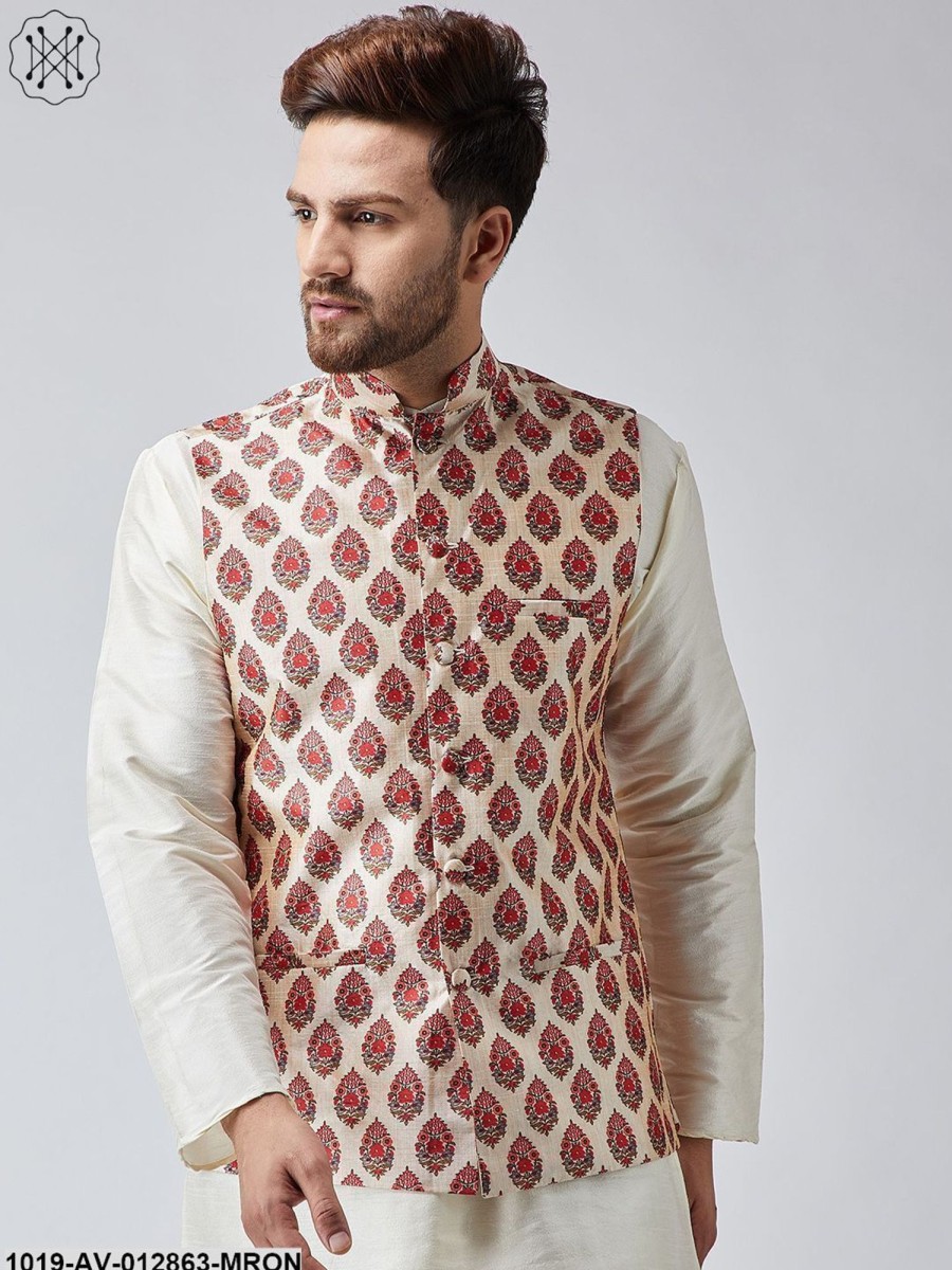 Men Sojanya | Men'S Maroon Printed Nehru Jacket - Sojanya