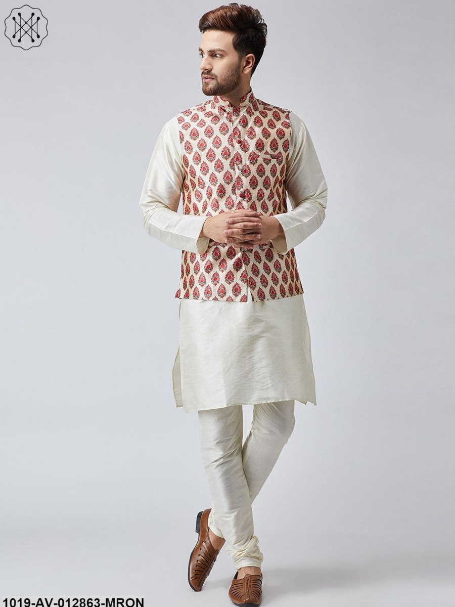 Men Sojanya | Men'S Maroon Printed Nehru Jacket - Sojanya