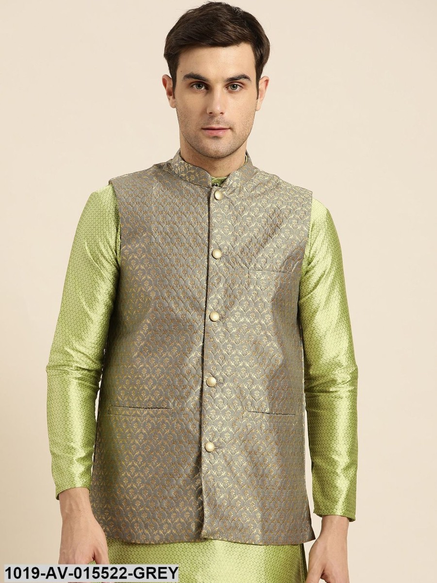 Men Sojanya | Men'S Silk Blend Grey U0026 Gold Self Design Nehru Jacket - Sojanya