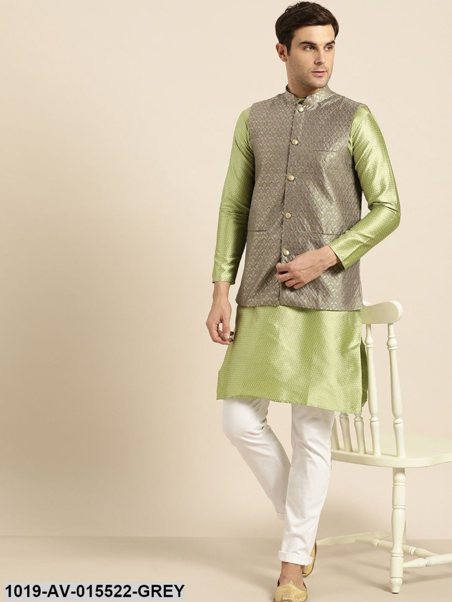 Men Sojanya | Men'S Silk Blend Grey U0026 Gold Self Design Nehru Jacket - Sojanya