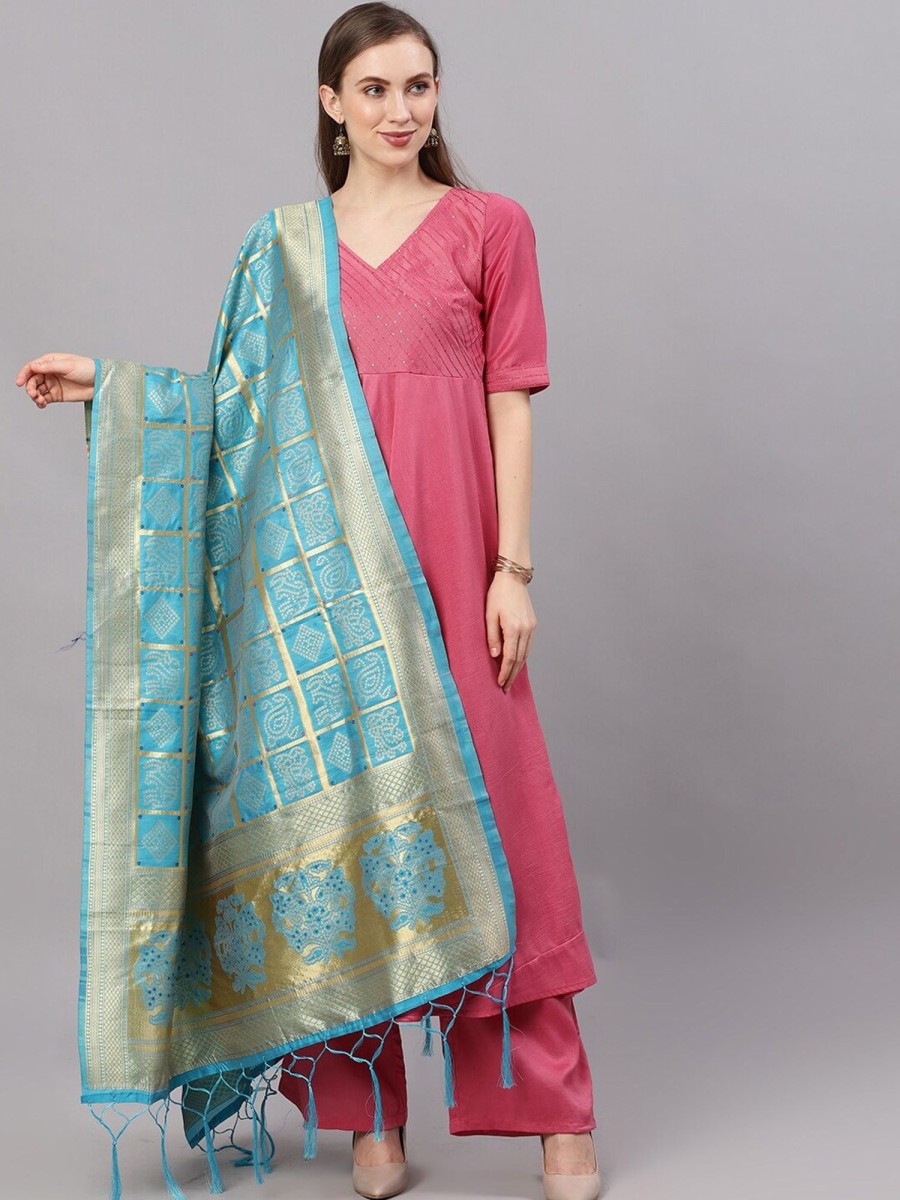 Women AKS | Women'S Turquoise Zari Worked Dupatta - Aks Blue