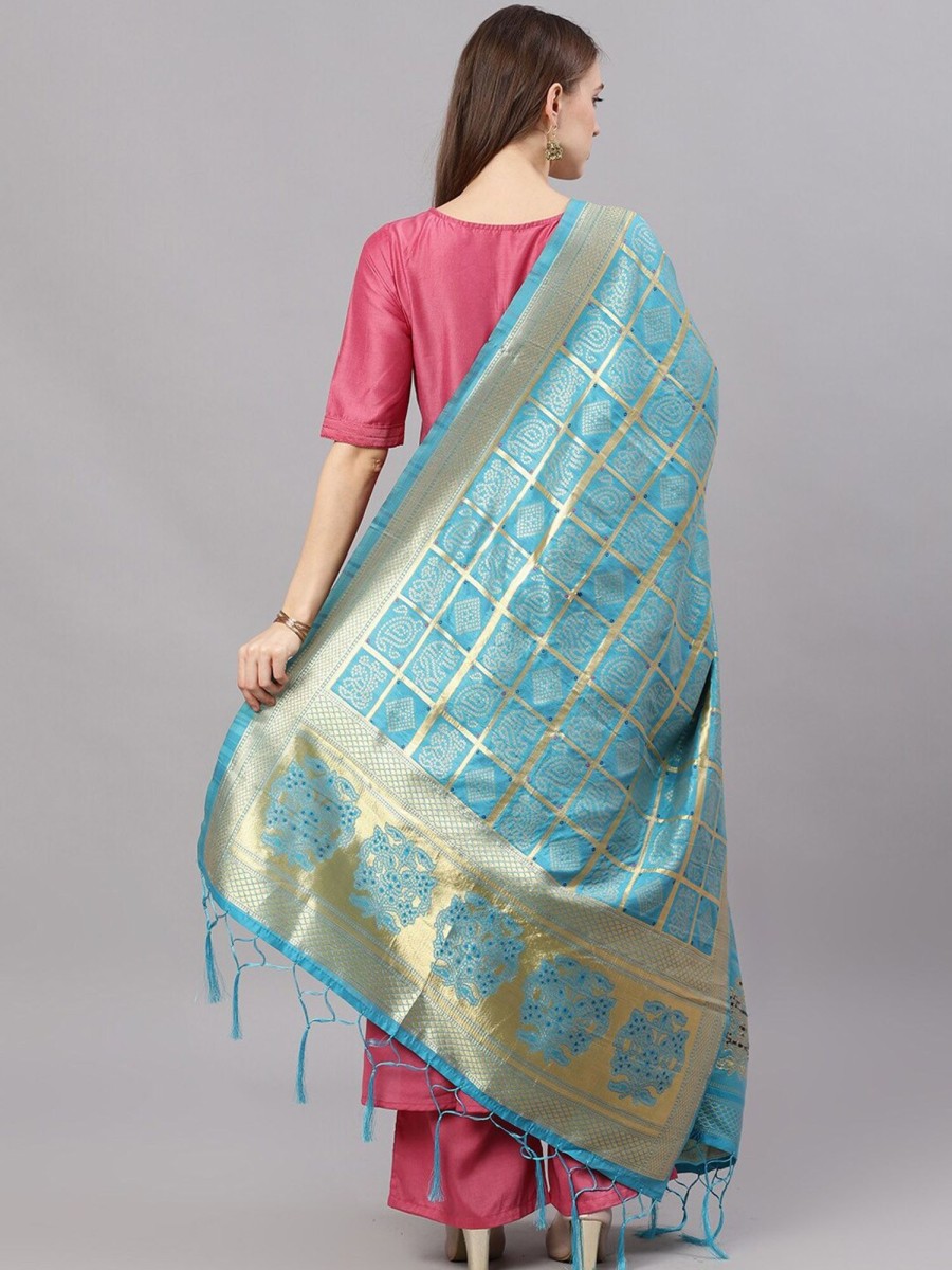 Women AKS | Women'S Turquoise Zari Worked Dupatta - Aks Blue