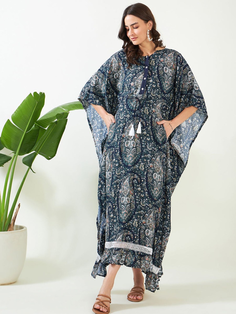 Women The Kaftan Company | Women'S Paisley Ruffled Maternity Nursing Kaftan - The Kaftan Company Blue