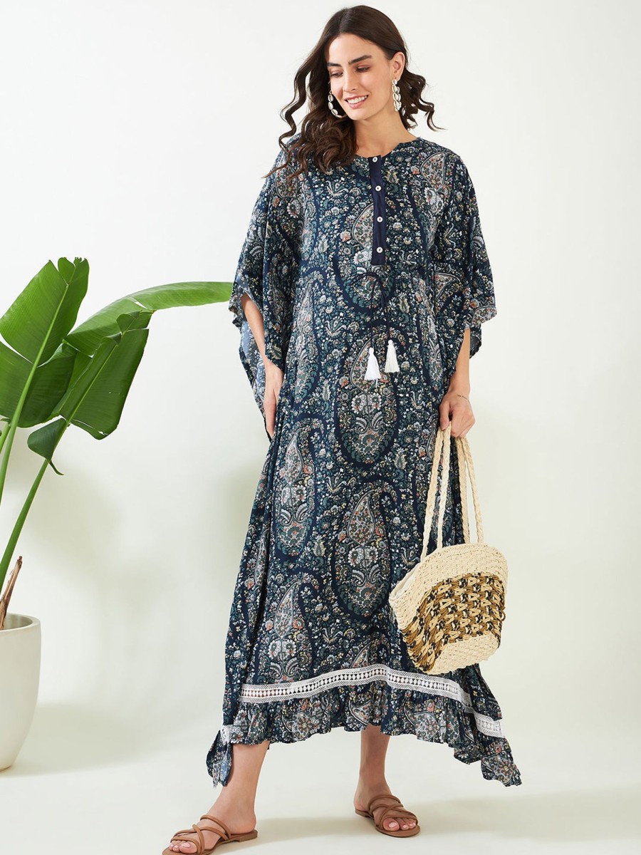 Women The Kaftan Company | Women'S Paisley Ruffled Maternity Nursing Kaftan - The Kaftan Company Blue