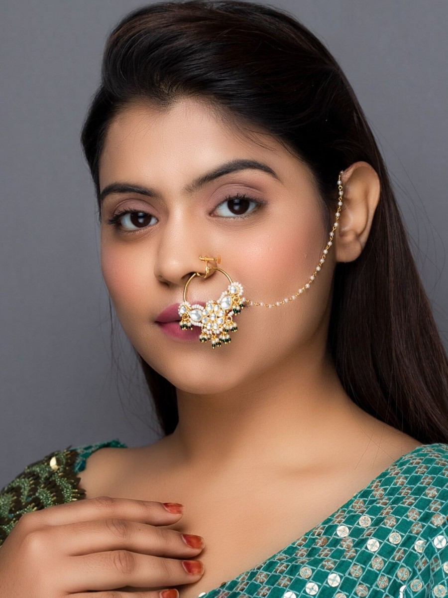 Jewellery Morkanth | 24K Gold Plated Kundan Studded Nose Ring Nath By Morkanth