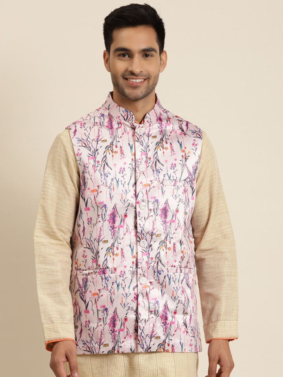 Men Sojanya | Men'S Silk Blend Printed Only Nehru Jacket - Sojanya Pink