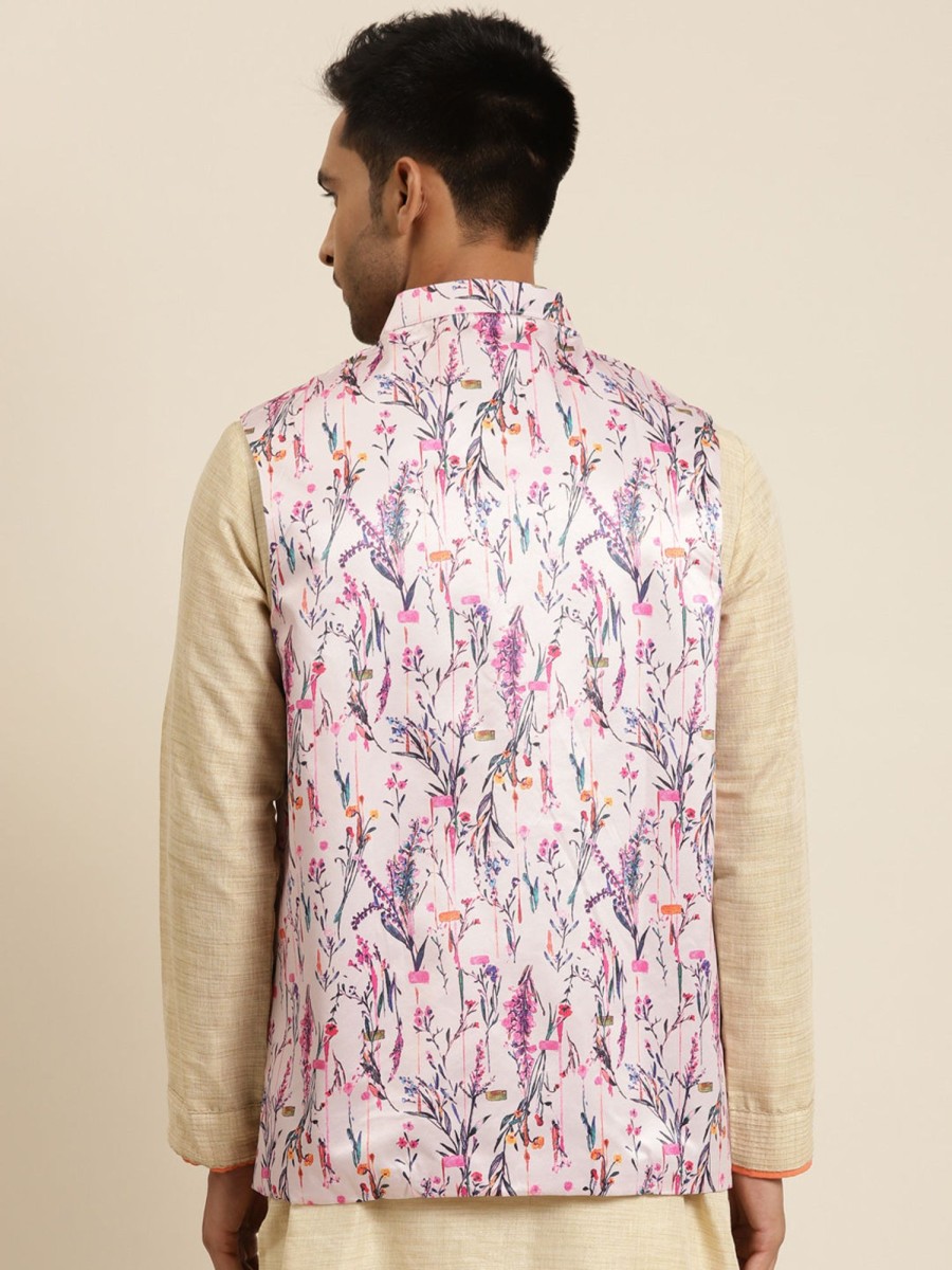 Men Sojanya | Men'S Silk Blend Printed Only Nehru Jacket - Sojanya Pink