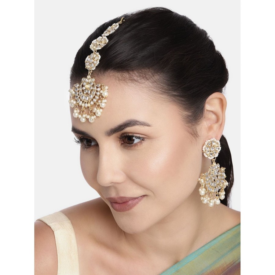 Jewellery I Jewels | Women'S Traditional Handcrafted Kundan U0026 Pearl Earrings With Maangtikka - I Jewels White