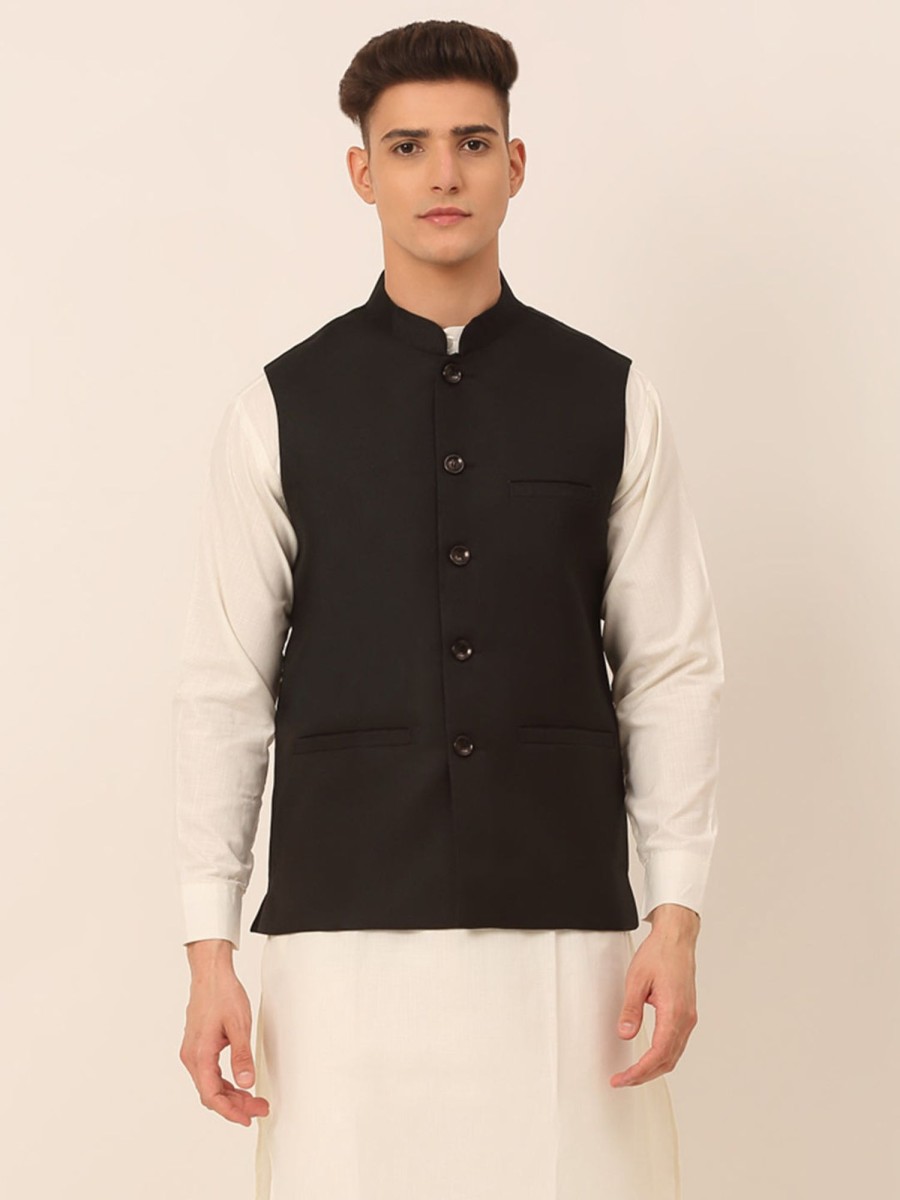 Men Virat Fashions | Men'S Black Solid Woven Sleeveless Nehru Jackets ( Jowc 4046 Black ) - Virat Fashions