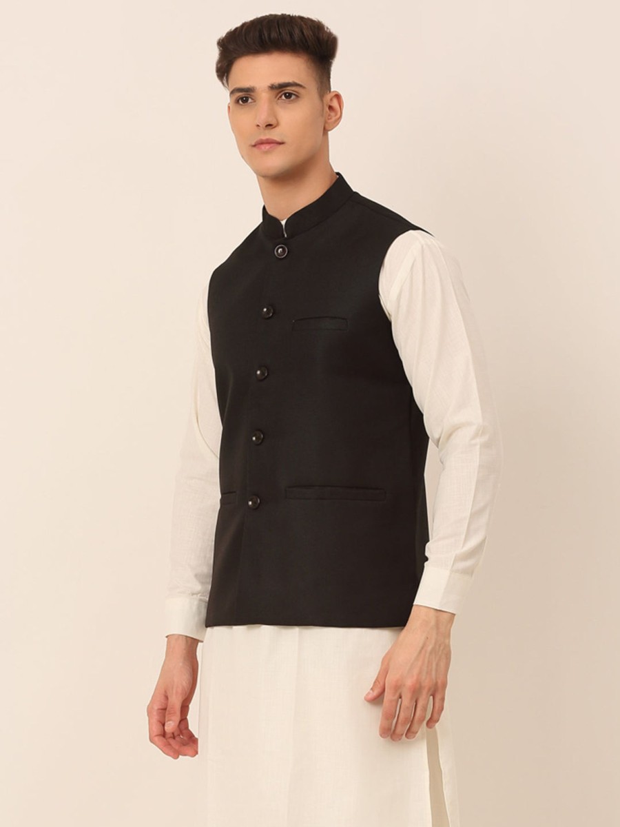 Men Virat Fashions | Men'S Black Solid Woven Sleeveless Nehru Jackets ( Jowc 4046 Black ) - Virat Fashions