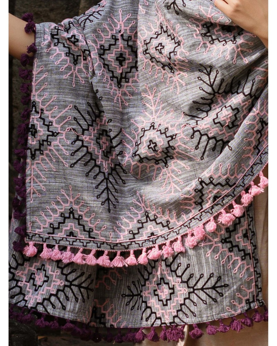 Women MESMORA FASHION | Women'S Grey Tribal Aari Embrodiered Slub Khadi Shawl/Dupatta With Baby Pink Cotton Lace - Mesmora Fashion