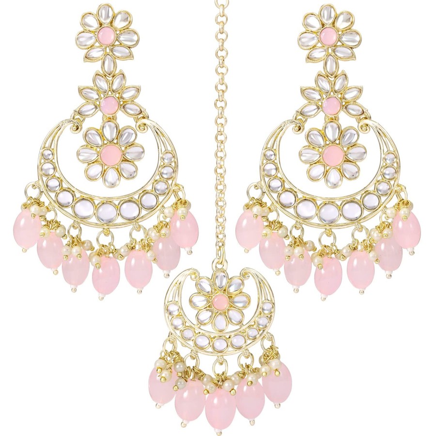 Jewellery I Jewels | Women'S Traditional Handcrafted Kundan Adorned With Pearls Earrings With Maang Tikka Set - I Jewels Pink