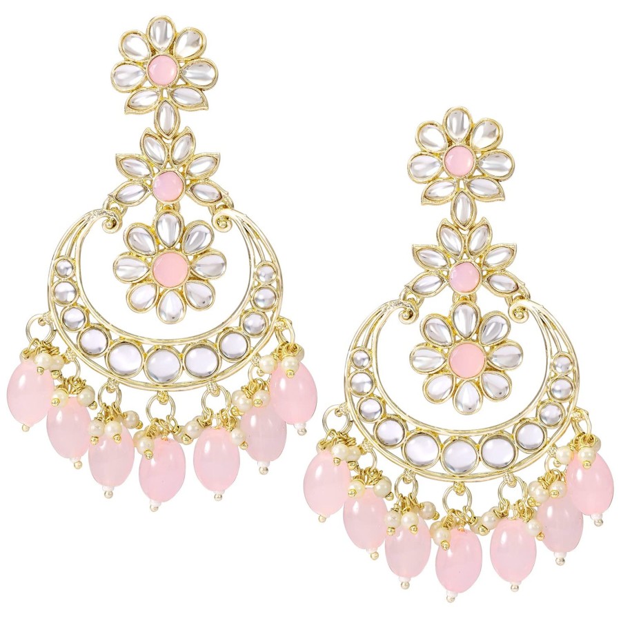 Jewellery I Jewels | Women'S Traditional Handcrafted Kundan Adorned With Pearls Earrings With Maang Tikka Set - I Jewels Pink