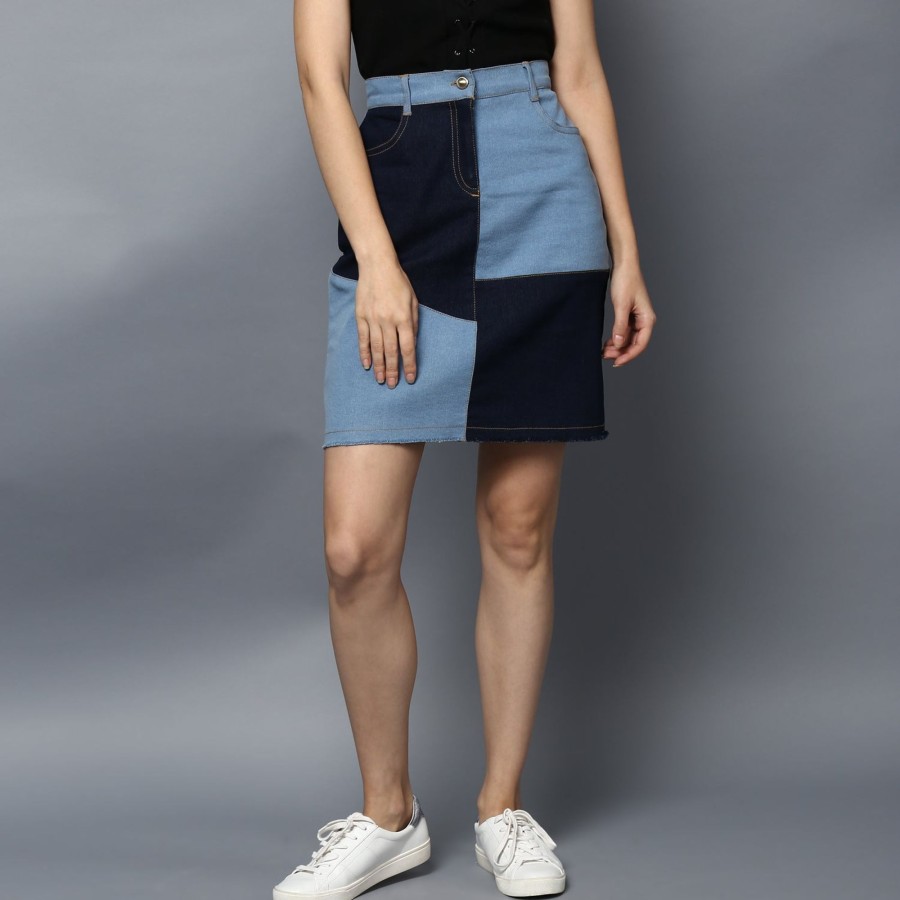 Women StyleStone | Women'S Denim Patch Work Skirt - Stylestone Blue