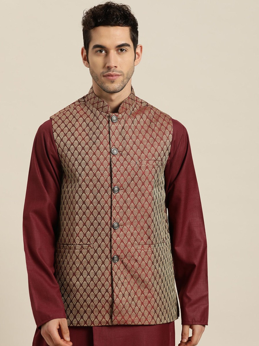 Men Sojanya | Men'S Jacquard Silk Self Design Only Nehrujacket - Sojanya Maroon