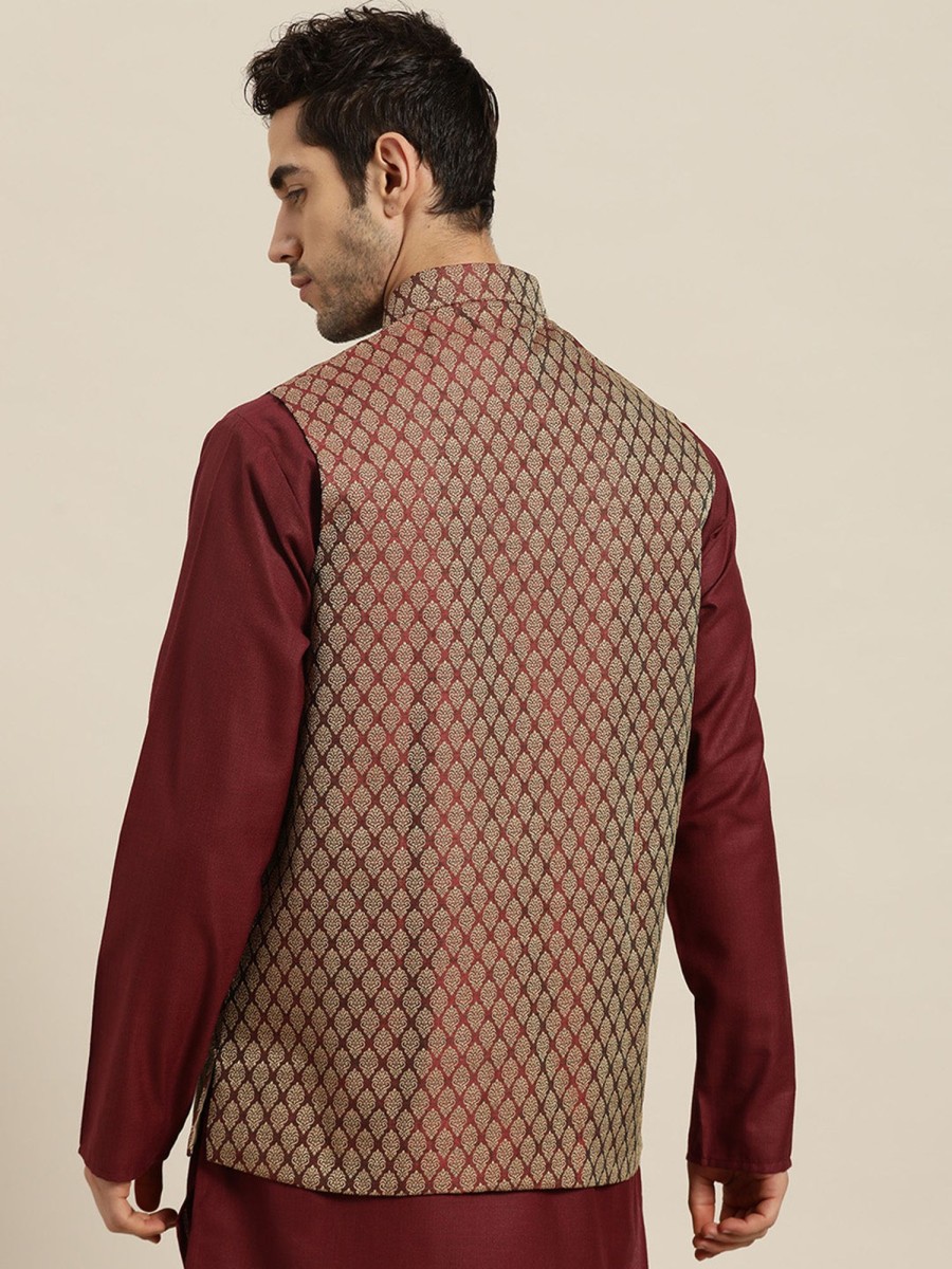 Men Sojanya | Men'S Jacquard Silk Self Design Only Nehrujacket - Sojanya Maroon