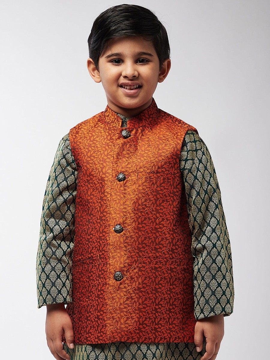 Men Sojanya KID | Kid'S Jacquard Silk Orange Self Design Only Nehrujacket - Sojanya Kid Orange & Black