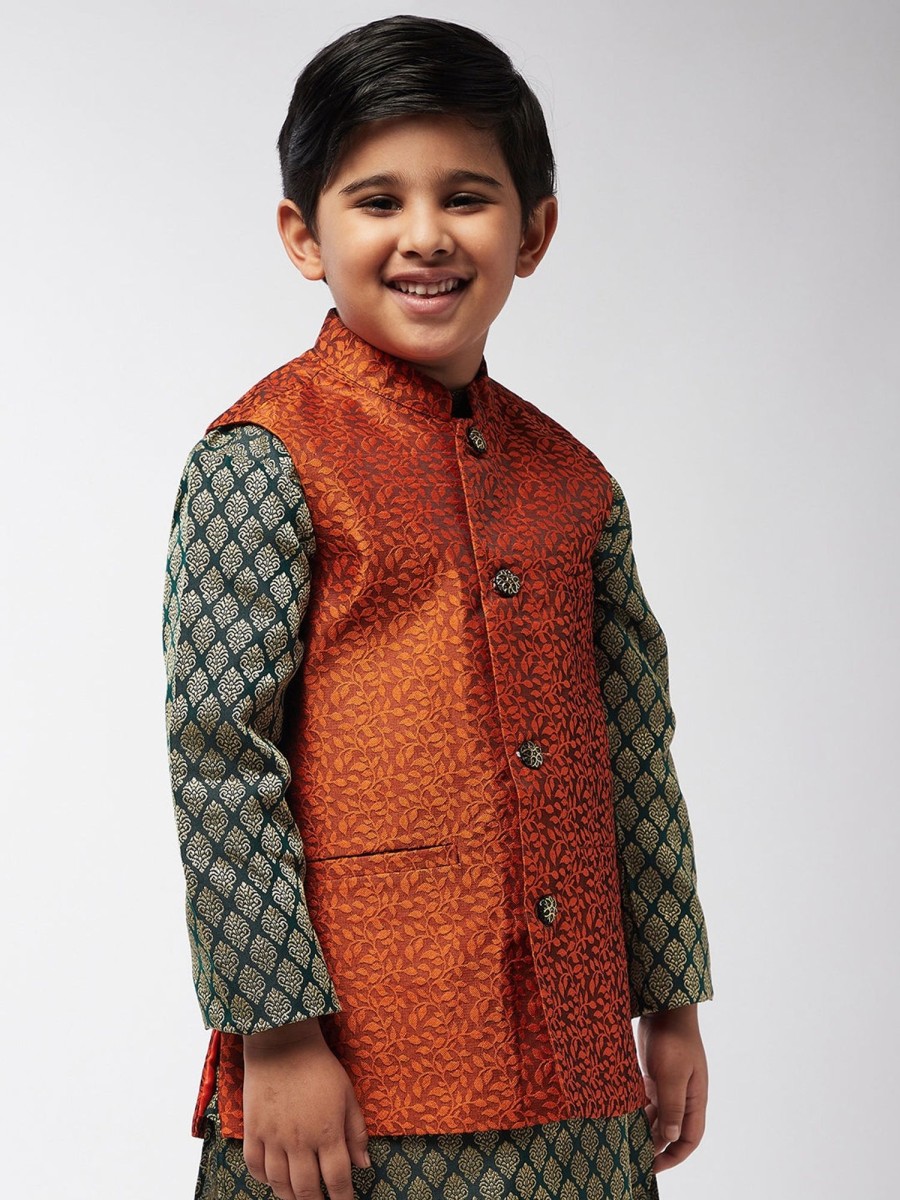 Men Sojanya KID | Kid'S Jacquard Silk Orange Self Design Only Nehrujacket - Sojanya Kid Orange & Black