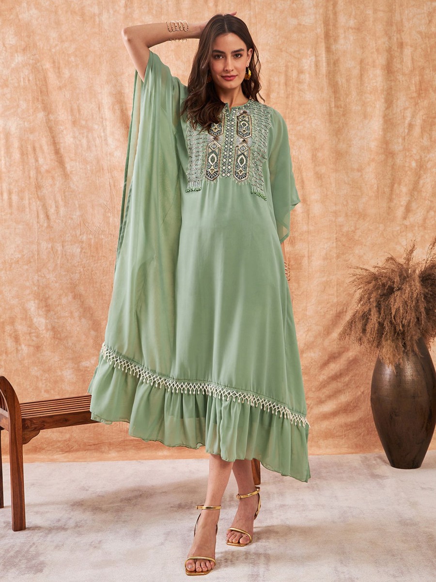 Women The Kaftan Company | Women'S Georgette Dress - The Kaftan Company Green