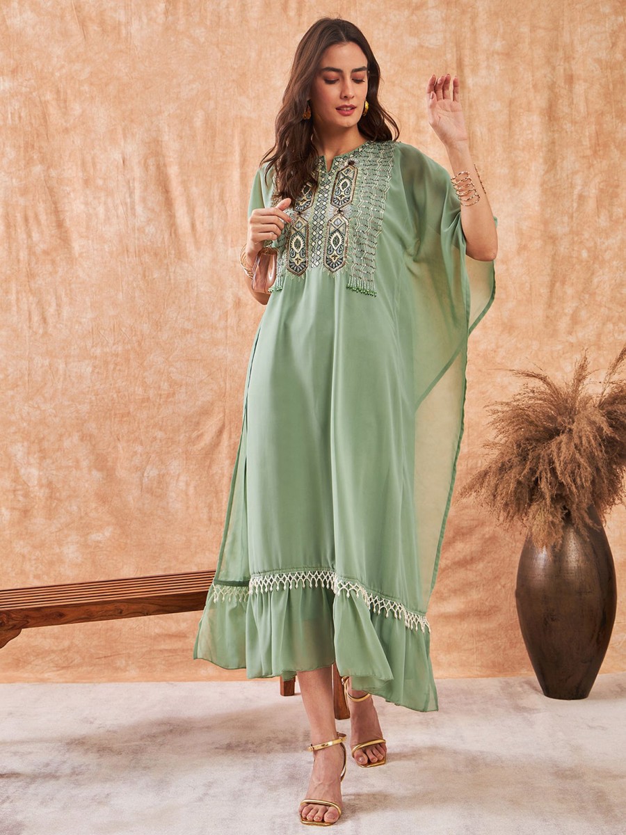 Women The Kaftan Company | Women'S Georgette Dress - The Kaftan Company Green