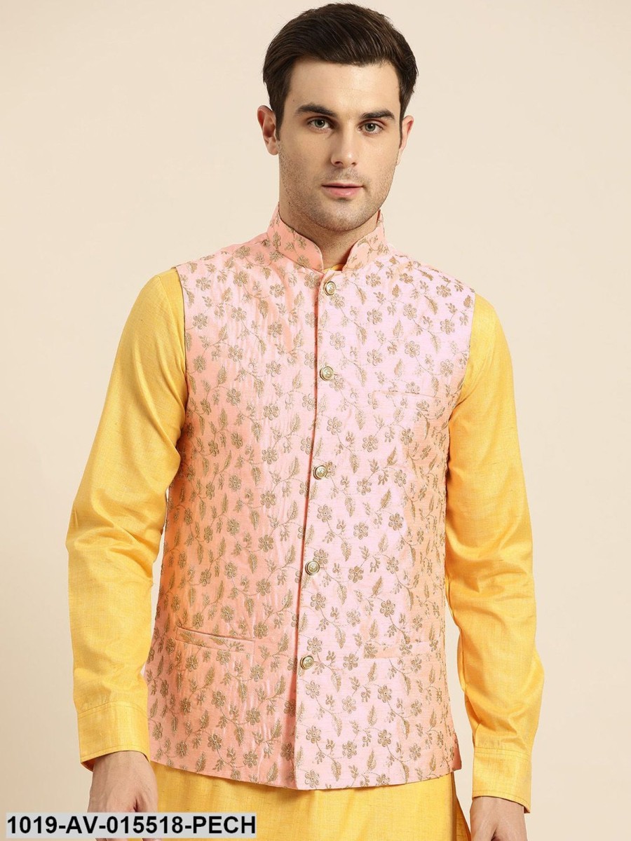 Men Sojanya | Men'S Silk Blend Peach U0026 Gold Embroidered Nehru Jacket - Sojanya