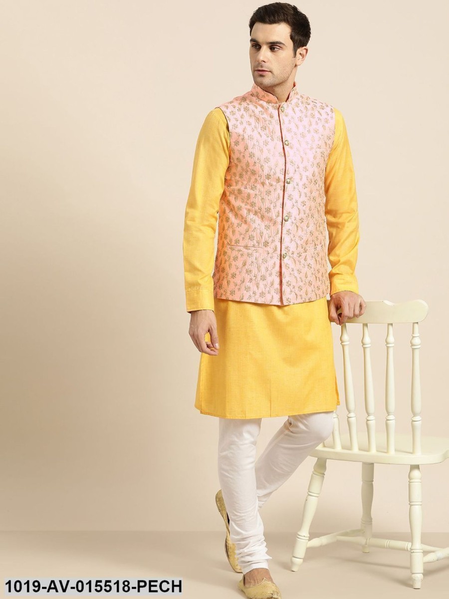 Men Sojanya | Men'S Silk Blend Peach U0026 Gold Embroidered Nehru Jacket - Sojanya