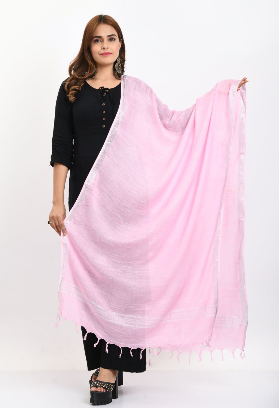 Women Moeza | Women'S Linen Cotton Silver Border Baby Dupatta - Moeza Pink