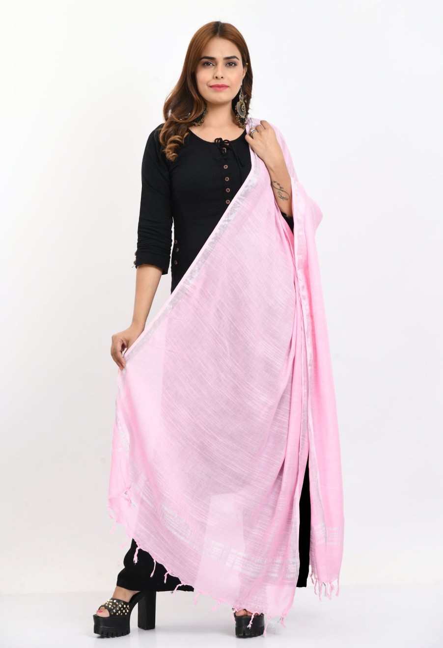 Women Moeza | Women'S Linen Cotton Silver Border Baby Dupatta - Moeza Pink