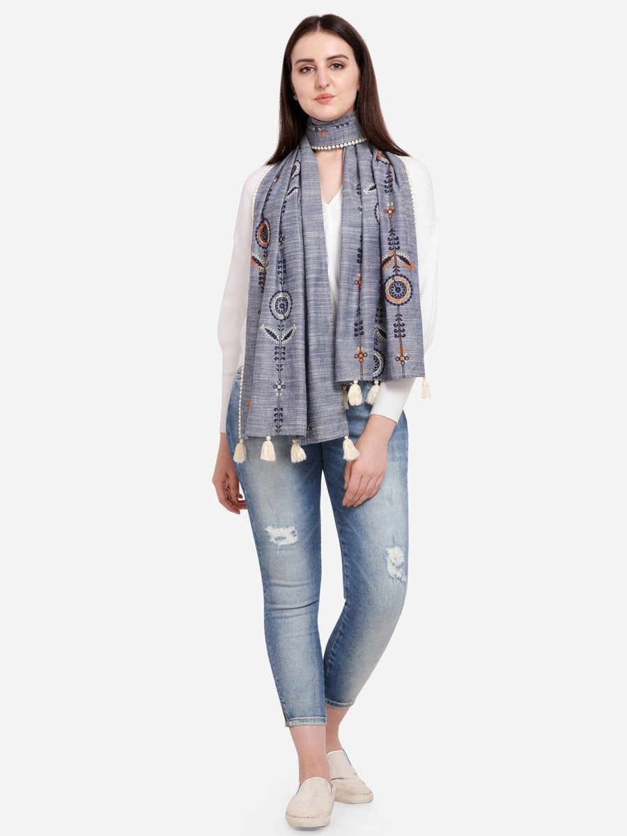 Women MESMORA FASHION | Women'S Charmed Cement Indigo Khadi Embrodiered Stole/Scarf - Mesmora Fashions