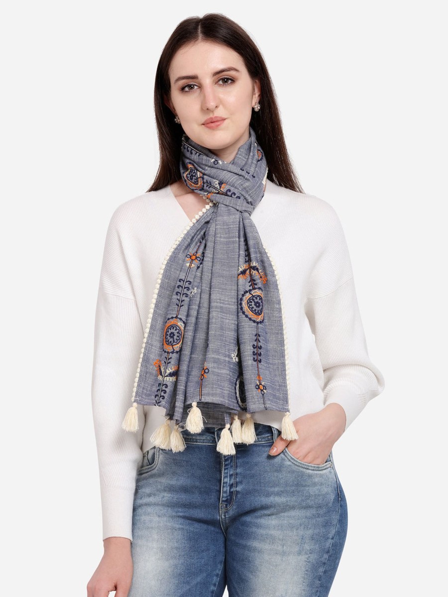 Women MESMORA FASHION | Women'S Charmed Cement Indigo Khadi Embrodiered Stole/Scarf - Mesmora Fashions