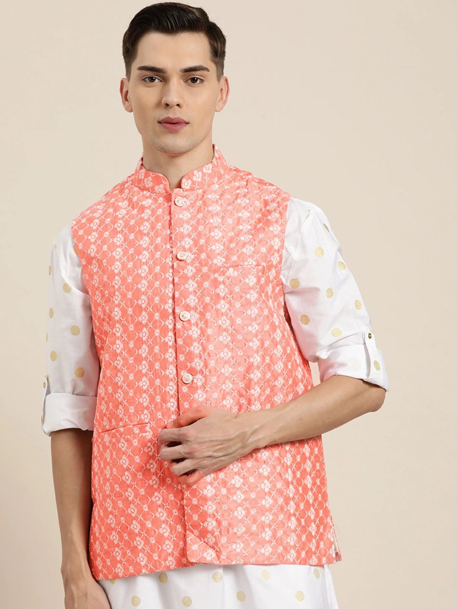 Men Sojanya | Men'S Silk Blend Embroidered Only Nehrujacket - Sojanya Peach