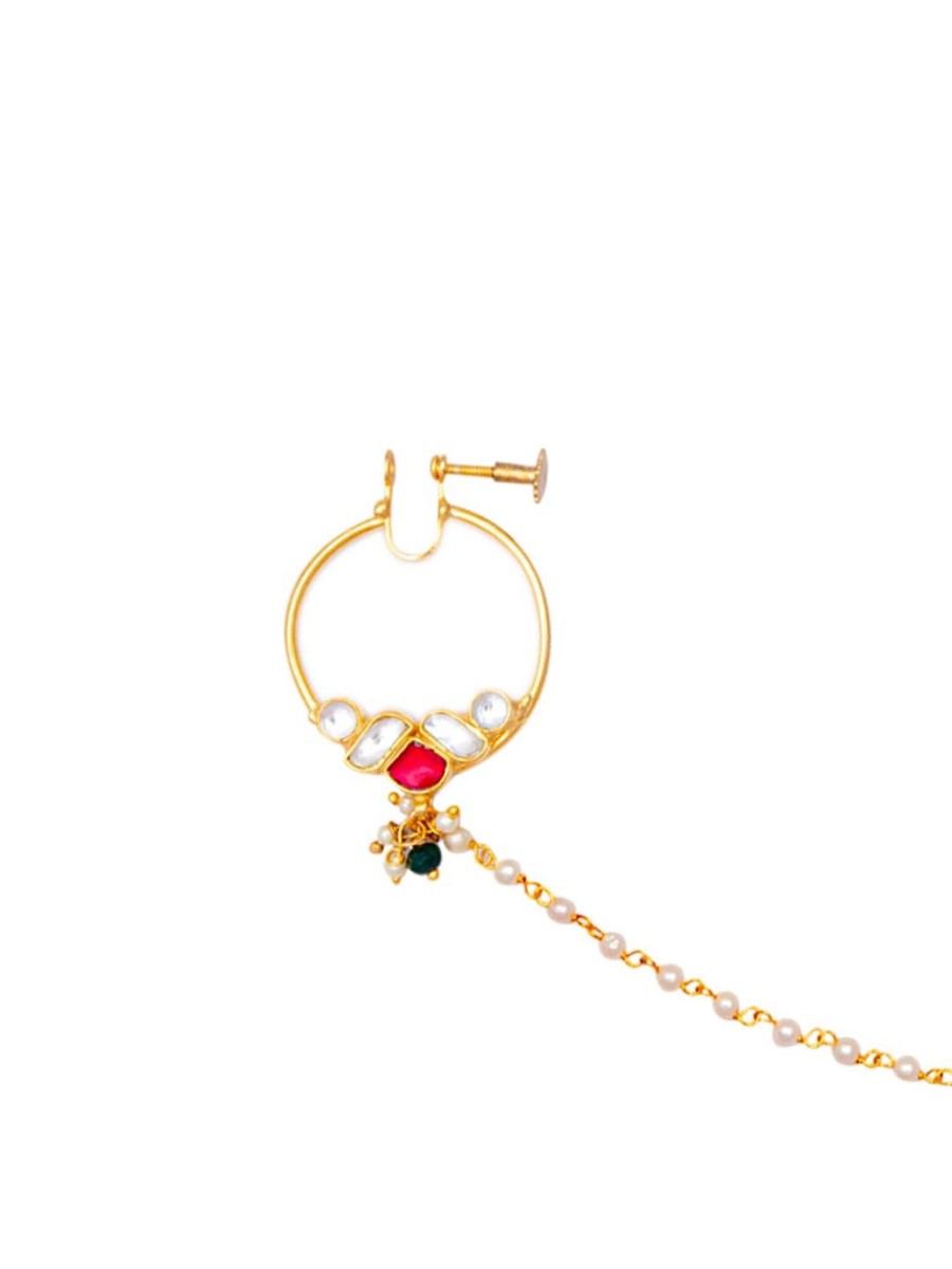 Jewellery Morkanth | Women'S Gold-Plated White U0026 Red Kundan-Studded Beaded Handcrafted Nose Ring With Chain - Morkanth