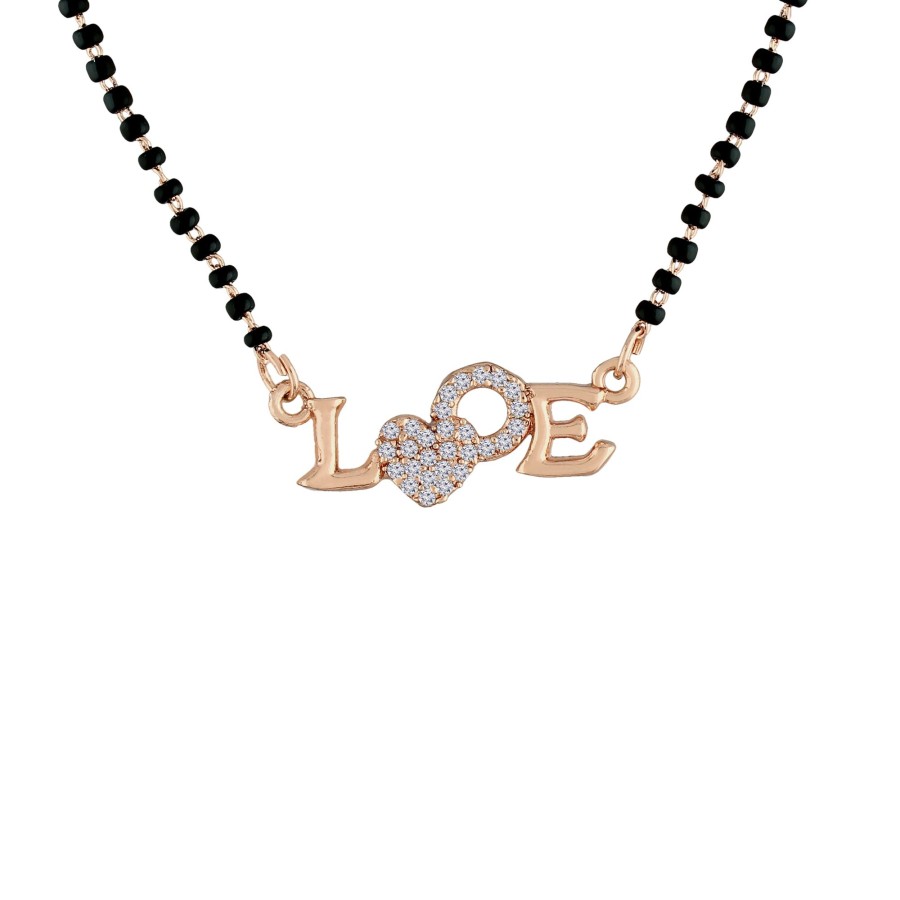 Jewellery I Jewels | Women'S 18K Rose Gold Plated Traditional American Diamond Pendant With Black Bead Chain Mangalsutra For Women - I Jewels