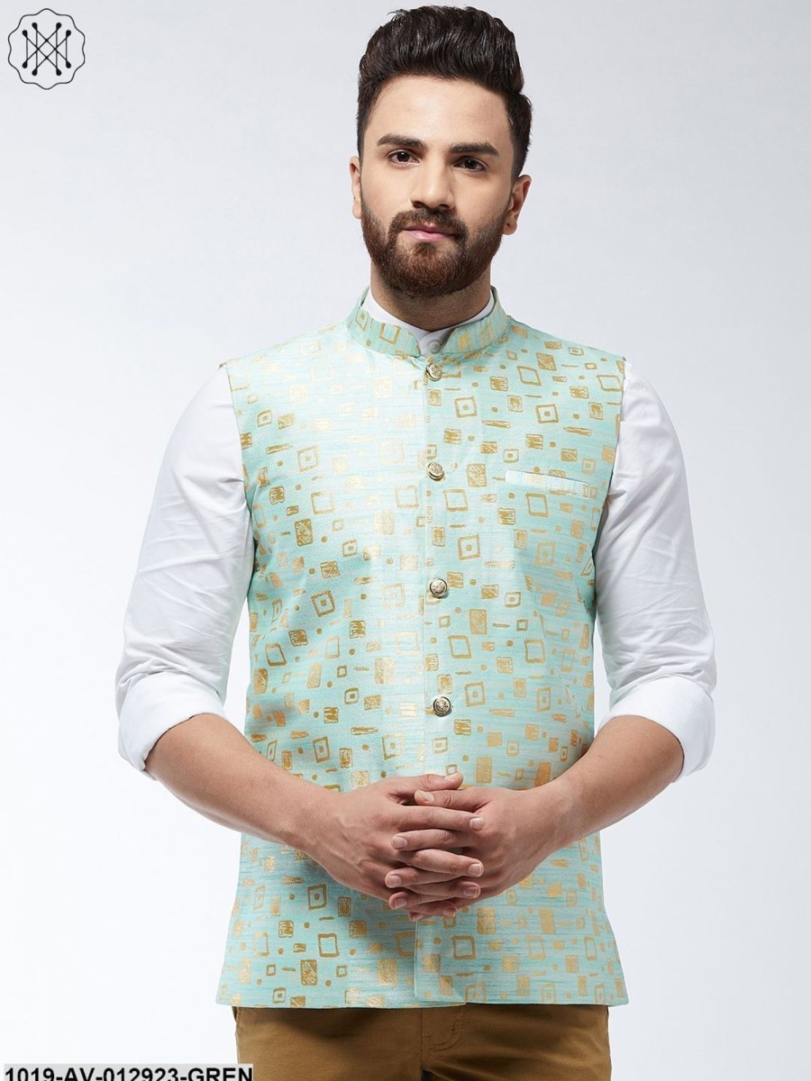 Men Sojanya | Men'S Jacquard Silk Sea Green Designer Nehru Jacket - Sojanya