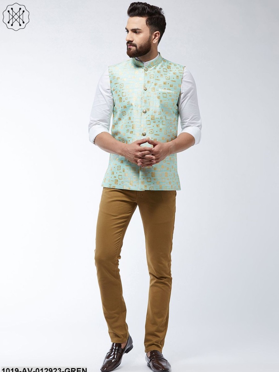 Men Sojanya | Men'S Jacquard Silk Sea Green Designer Nehru Jacket - Sojanya