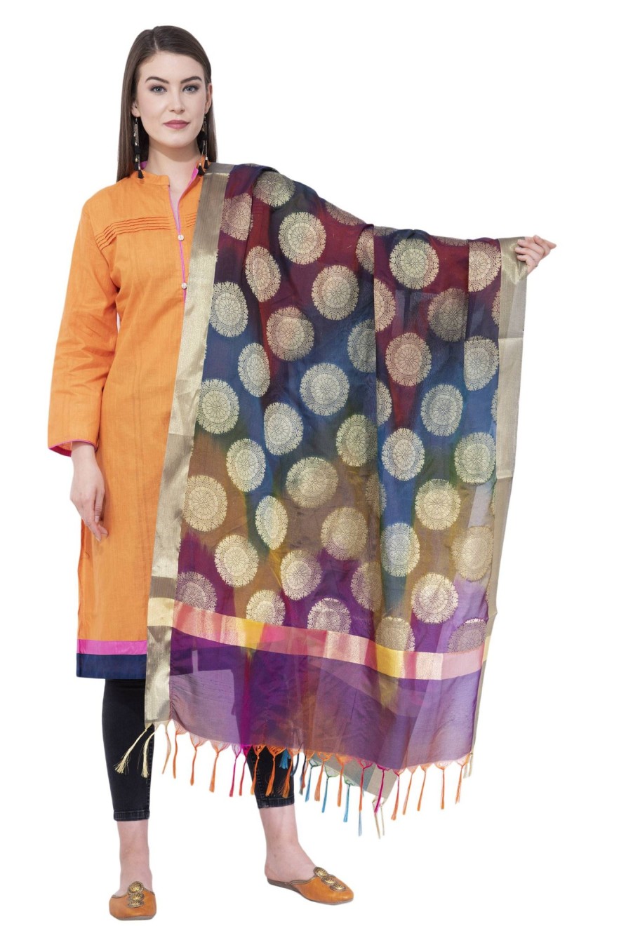 Women AR Silks | A R Silk Women'S Zari Embroidery With Rainbow Colour Vanarsi Silk Dupattas And Chunnis Rainbow Multi