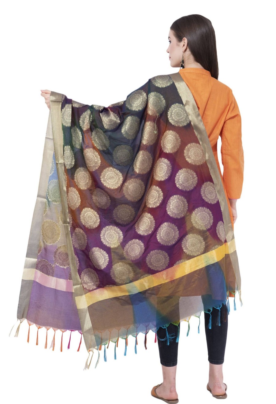 Women AR Silks | A R Silk Women'S Zari Embroidery With Rainbow Colour Vanarsi Silk Dupattas And Chunnis Rainbow Multi