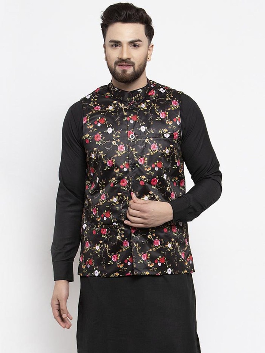 Men Virat Fashions | Men'S Black Printed Satin Nehru Jacket ( Jowc 4007 Black) - Virat Fashions