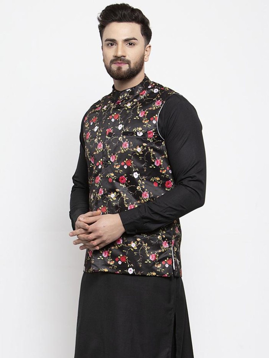 Men Virat Fashions | Men'S Black Printed Satin Nehru Jacket ( Jowc 4007 Black) - Virat Fashions