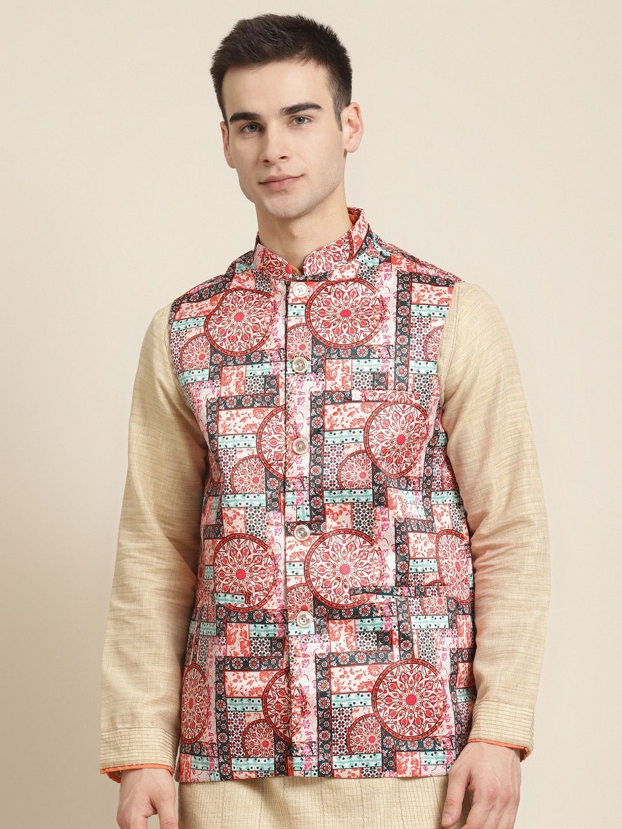 Men Sojanya | Men'S Silk Blend Printed Only Nehru Jacket - Sojanya Peach