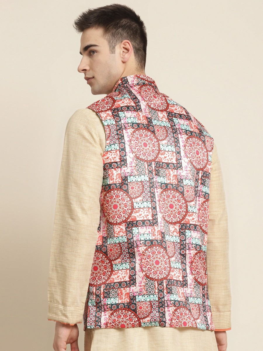 Men Sojanya | Men'S Silk Blend Printed Only Nehru Jacket - Sojanya Peach