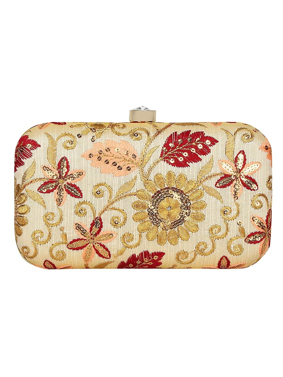 Others VASTANS | Women'S Beige Color Tulle Embroidered Faux Silk Clutch - Vastans