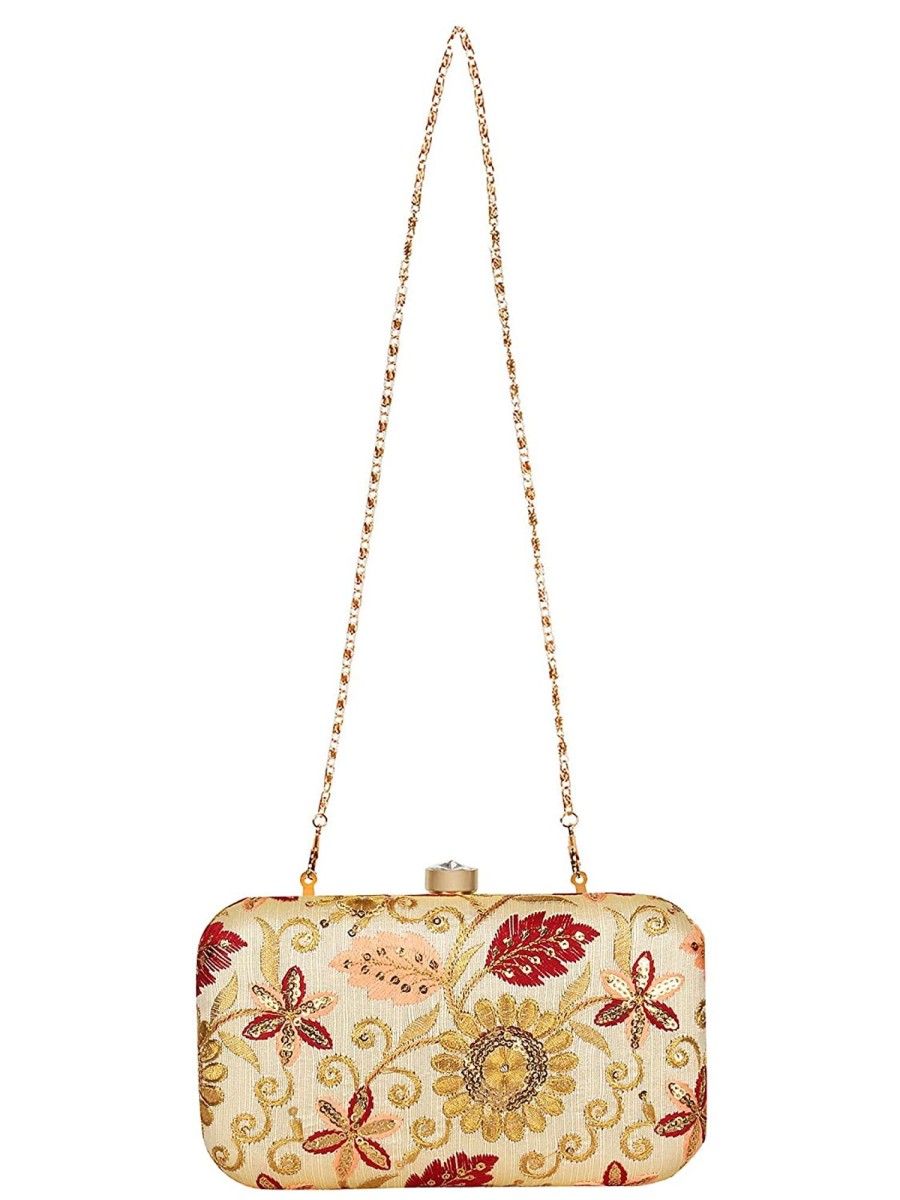 Others VASTANS | Women'S Beige Color Tulle Embroidered Faux Silk Clutch - Vastans