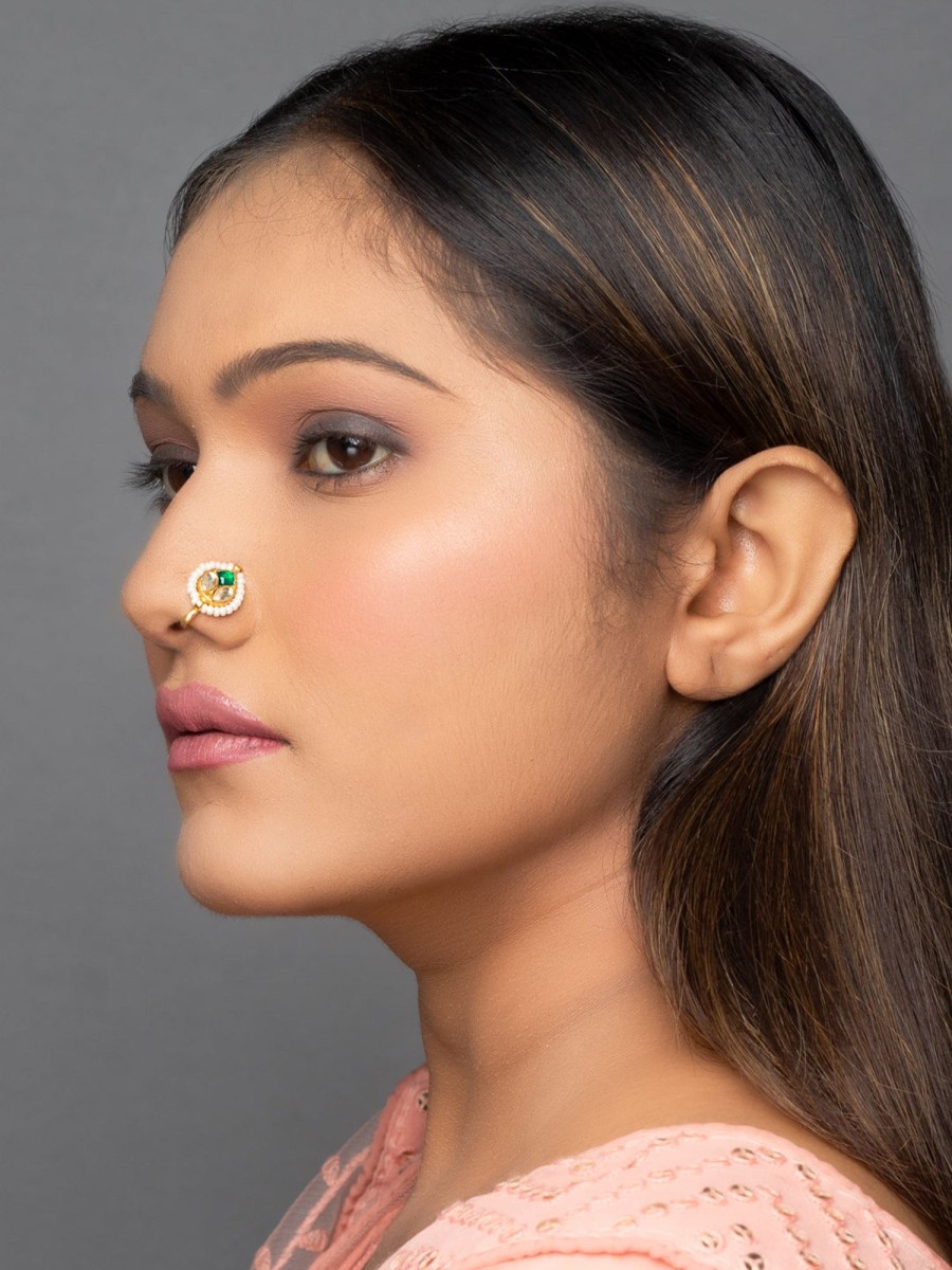 Jewellery Morkanth | Women'S Nose Pin White U0026 Green Kundan By Morkanth