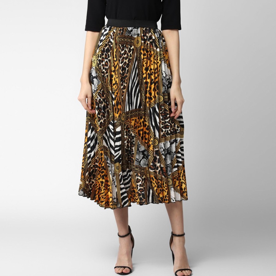 Women StyleStone | Women'S Satin Printed Pleated Skirt -Stylestone Yellow