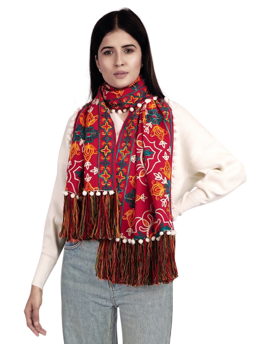 Women MESMORA FASHION | Women'S Red Woollen Heavily Embroidered Khadi Muffler - Mesmora Fashion