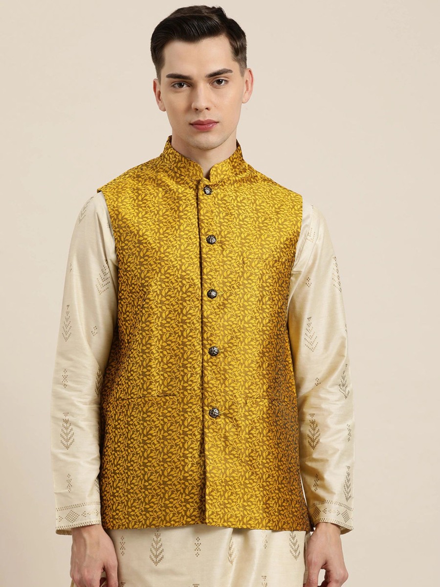 Men Sojanya | Men'S Jacquard Silk Self Design Only Nehrujacket - Sojanya Mustard